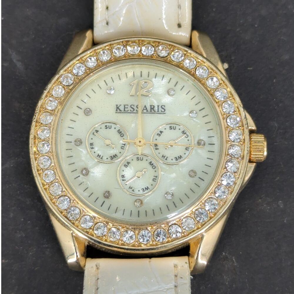 Vintage Signal Women's Watch Gold Tone Rhinestone Bezel White Strap Chronograph